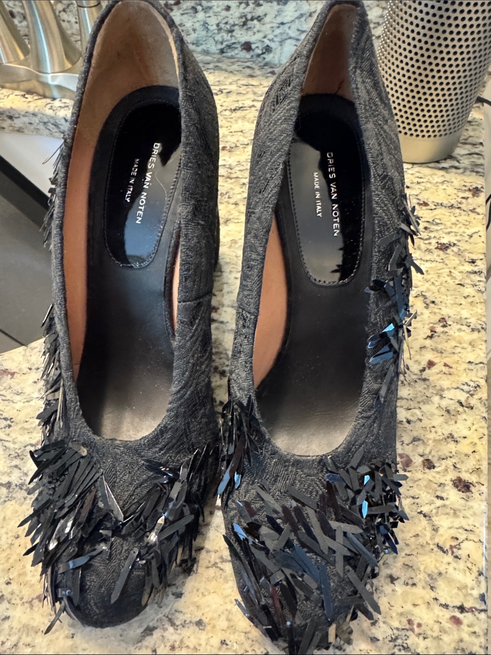 Dries Van Noten Black Fringe Sequin Round-Toe Pumps